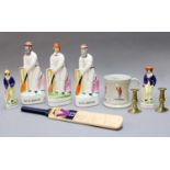 Cricketing Interest: Three Staffordshire Figures of Cricketers, Two Others, A Miniature Signed