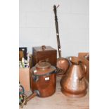 A Cased Microscope, A Copper Harvest Jug, A Copper Tea Urn and A Bed Warming Pan