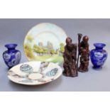A Royal Worcester Plate, A Royal Cauldon Pedestal Dish, A Pair of Blue Glass Vases and A Pair of