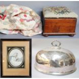 A Silver Plated Meat Dome, A Framed Engraving, A Patchwork Quilt and A Victorian Mahogany Box Stool,