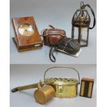 A Victorian Walnut Postcard Viewer, a brass footwarmer, a brass greenhouse spray, a cribbage box/