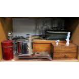 A Marquetry Inlaid Rosewood Tea Caddy with Paris Porcelain Canisters, together with a silver