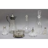 A Silver Mounted Atomiser and Two Glass Scents, with silver mounts; A Plated Dish, with glass liner;