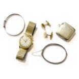 A Pair of Cufflinks, Two Silver Children's Bangles, A Vesta Case; and A Plated 1950's Wristwatch,