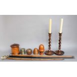 Three Walking Canes, Four Treen/Metal String Boxes, and A Pair of Barley-Twist Candlesticks