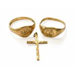 Two 9 Carat Gold Signet Rings, finger size Z, the other out of shape; and A 9 Carat Gold Cross