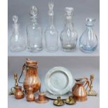 A Group of Five Various Decanters, A Pair of Copper One Pint Jugs, A Copper Coffee Pot, Brass