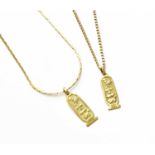 A 9 Carat Gold Pendant on Chain, pendant length 3.5cm, chain length 51.5cm; and Another Similar 9