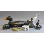A Group of Animal Models, including: a painted wooden duck decoy (a/f), a bronze crayfish (