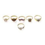 A 14 Carat Gold Cubic Zirconia Solitaire Ring, finger size M; together with Five 9 Carat Gold Gem-