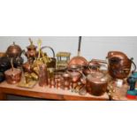 A Collection of Victorian Copper and Brassware, including kettles, tea urns, fire tools, coal