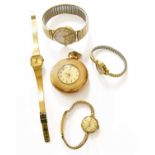 An Ingersoll Half Hunter Pocket Watch, An Everite Gents Wristwatch, probably gold, and Three