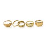 Five 9 Carat Gold Rings, comprising of two band rings, two signet rings (out of shape), and a