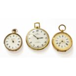 A Lady's 18 Carat Gold Fob Watch, case stamped 18K, A Lady's 9 Carat Gold Fob Watch, and A Plated