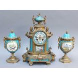 A Gilt Metal Blue Porcelain Mounted Striking Mantel Clock with Garniture, circa 1890, urn shaped top