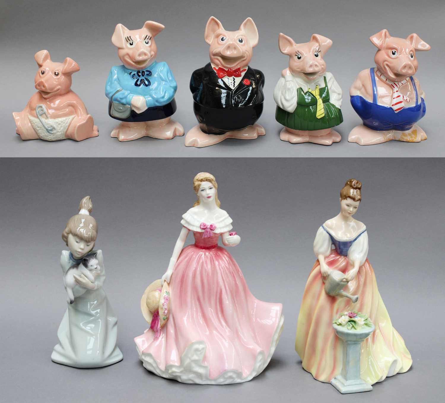 Seven Royal Doulton Figures, five in boxes; together with A Lladro Figure of a Girl and A Set of