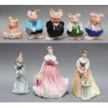 Seven Royal Doulton Figures, five in boxes; together with A Lladro Figure of a Girl and A Set of
