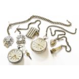 Two Silver Pocket Watches, signed Thos Russell & Son and Waltham, Three Silver Watch Chains with