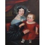 British School (19th century) Mother and child seated in an interior before a red curtainOil on