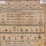 An Alphabet Sampler Worked by Elizabeth Cooper Dated 1802, with alphabet to the top, and central