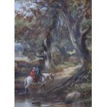 Murray MacDonald (fl.1887-1914) ScottishMan and wife on horseback crossing a woodland fordSigned and