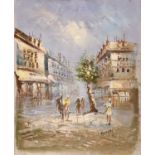 Caroline BurnettFigures on a Parisian StreetSigned oil on board, 29cm by 24cm, together with a