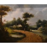 Continental School (19th century) Lady on a path before a cottage woodland and windmillOil on