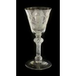 A Jacobite Portrait Goblet, circa 1750, the rounded funnel bowl engraved with a portrait bust of