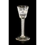 A Beilby Enamelled Wine Glass, circa 1770, the rounded funnel bowl painted in white enamels with a