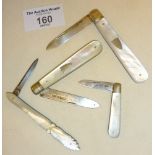 Mother of pearl handled fruit knives with silver blades and another similar quill knife