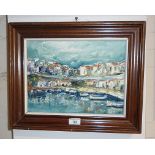 20th c. impressionistic oil on board of a Continental harbour scene, 17" x 14" inc. frame