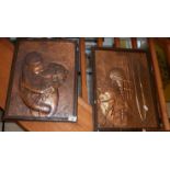 Pair of Arts & Crafts beaten copper panels depicting a couple kissing - one behind bars in a jail