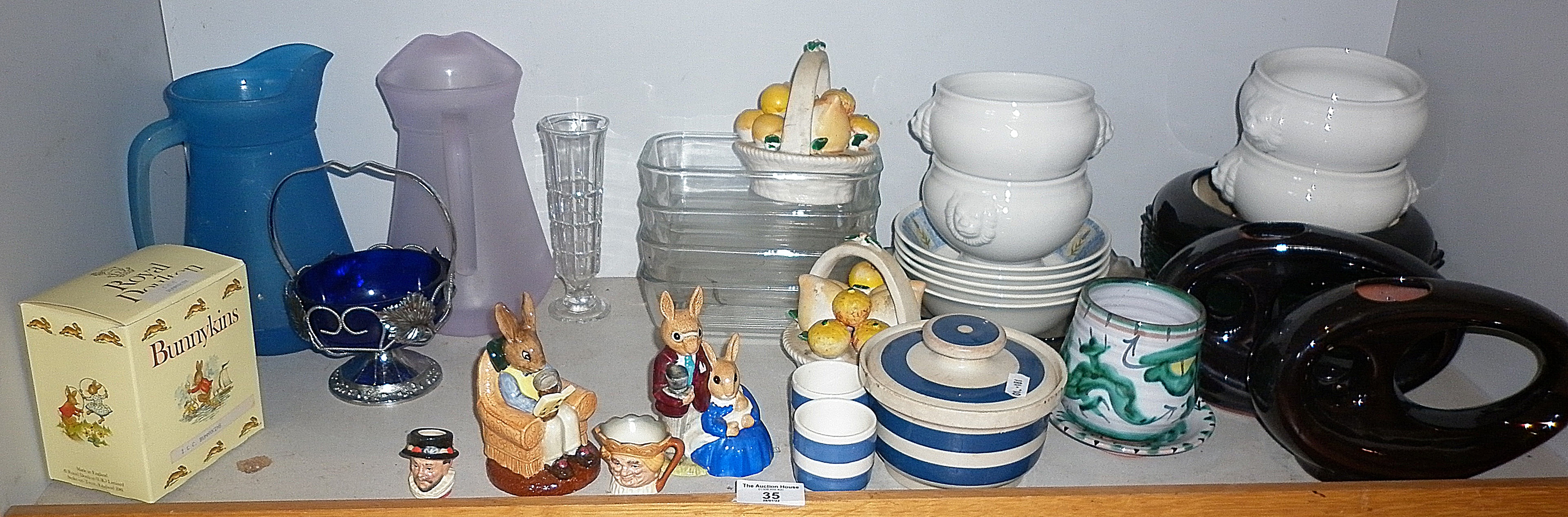 TG Green Cornishware egg cups, Royal Doulton Bunnykins figures and some glassware