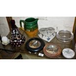 Three pot lids, an overlay ruby glass water decanter and other items