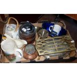 Assorted items inc. biscuit barrel, polished Middle Eastern copper vessels, entree dish, brass