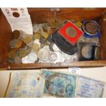 Wooden box containing old coins, few banknotes etc