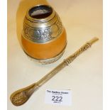 South American 800 silver mounted gourd and mate bombilla spoon