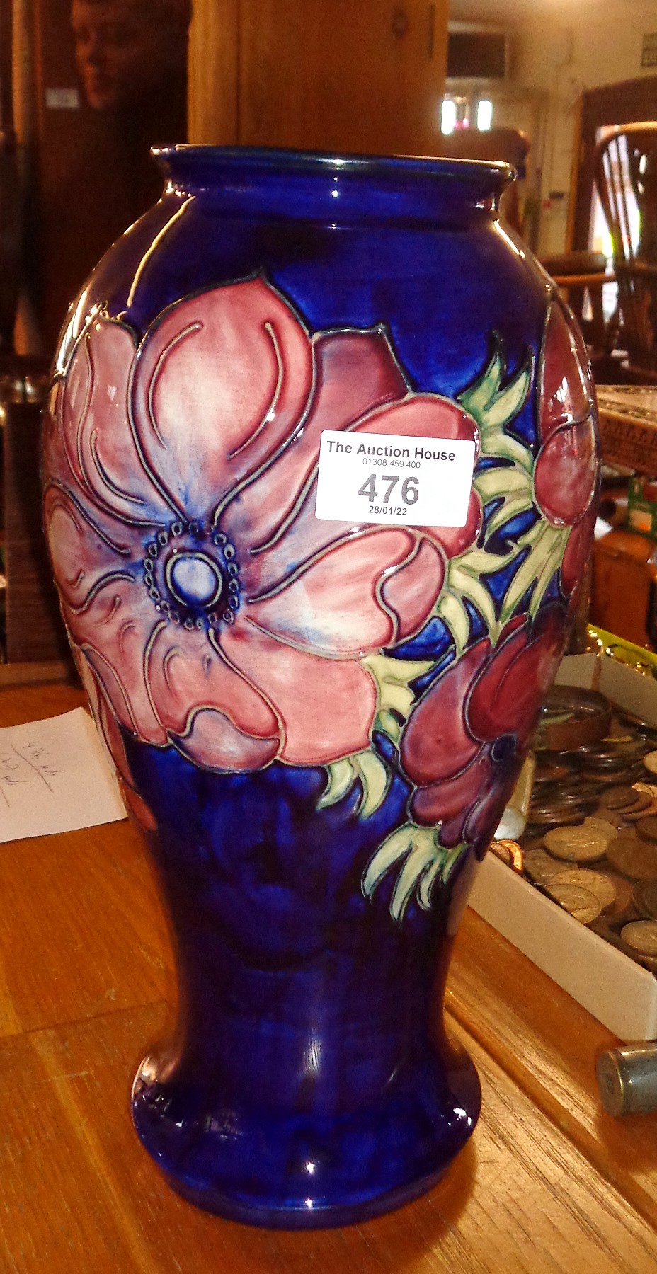 Large William Moorcroft "Anemone" vase, 12.5" tall