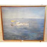 Large 20th c. oil on canvas of a Mediterranean motor fishing boat at sea 33" x 41" by D. Costa