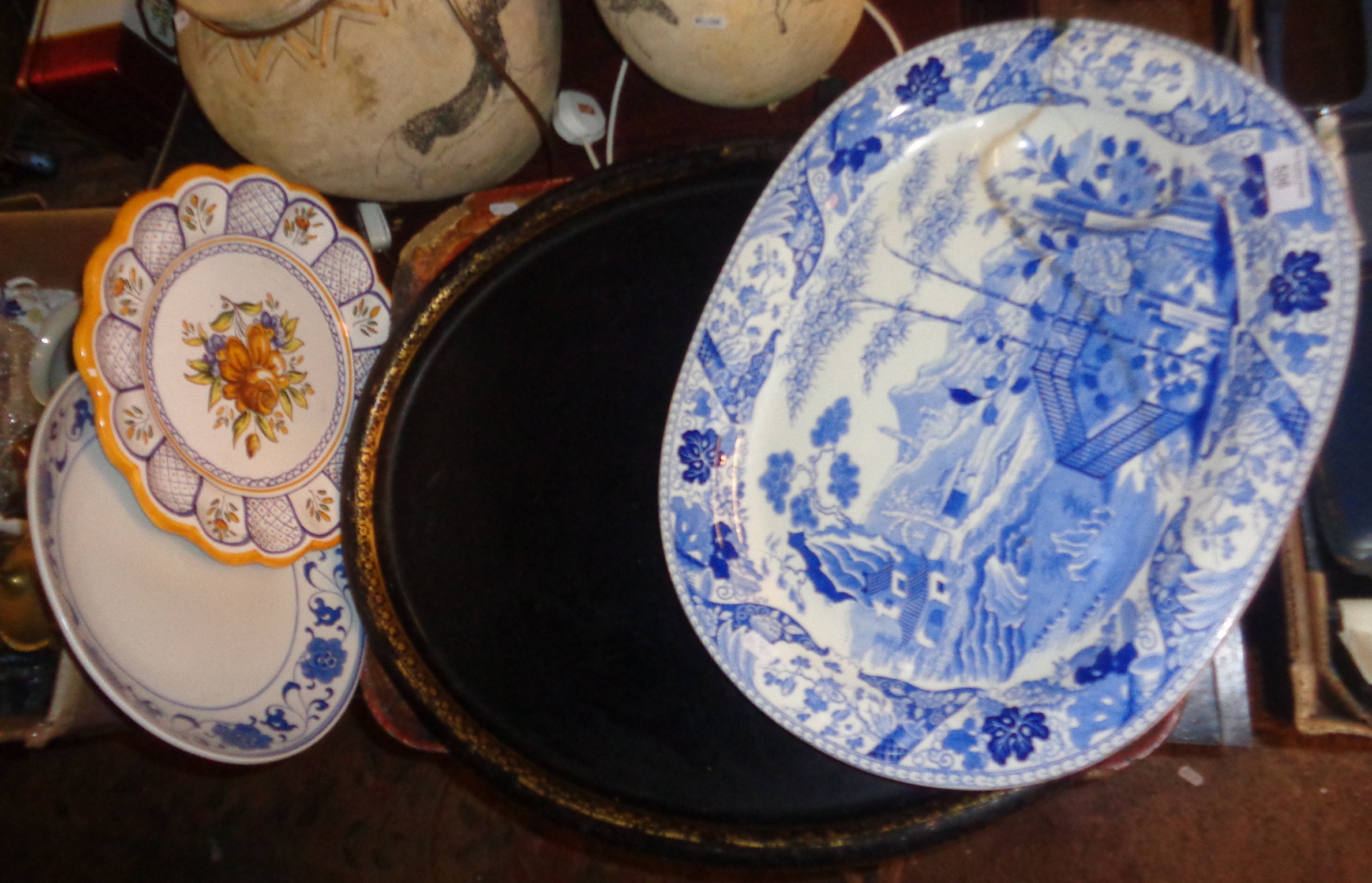 Victorian blue and white transfer meat platter with gravy well (A/F), a Toleware butler's tray,