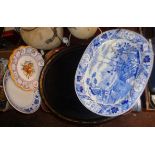 Victorian blue and white transfer meat platter with gravy well (A/F), a Toleware butler's tray,