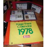 Several Sun "Page 3" calendars, c. 70's, 80's and 90's and two albums of 1st Day Covers