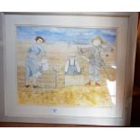 Contemporary watercolour of a scarecrow and figures in a field titled verso "Kippering Day" by