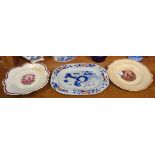 Ironstone dish together with two antique porcelain lustre "Charity" plates