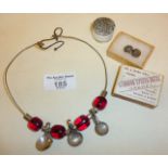 Modernist 800 silver necklace hung with three miniature spoons, pair of 800 silver studs and a