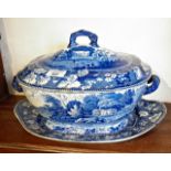 Large 19th c. "Wellcombe Warwickshire" pattern blue and white tureen and stand