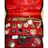 Jewellery box and contents, inc. hallmarked silver gate bracelet, gold filled Albert chain, etc.