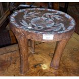 Tribal Art:- African carved wood Zulu chief's stool with inset beadwork decorated seat on tripod