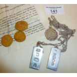 Replica Spanish treasure coins, two hallmarked silver ingot pendant necklaces, and a coin