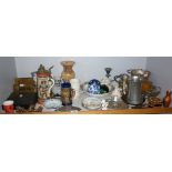 Shelf of assorted china and metalware inc. Steins, pewter tankard, "carpet" bowls, etc.